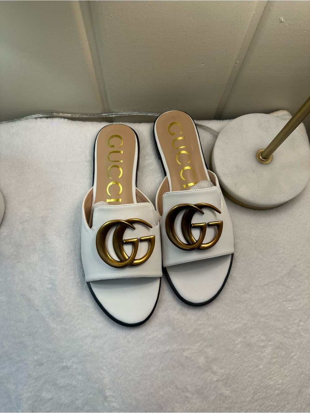 Gucci White Leather Slide Sandals with Antiqued Gold Double G